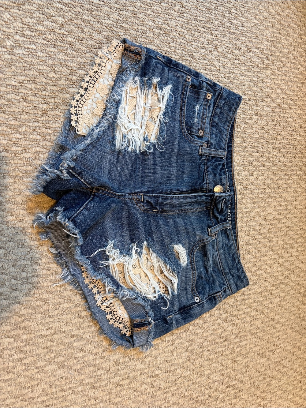 Dark Blue Distressed Lace-Trim Denim Shorts